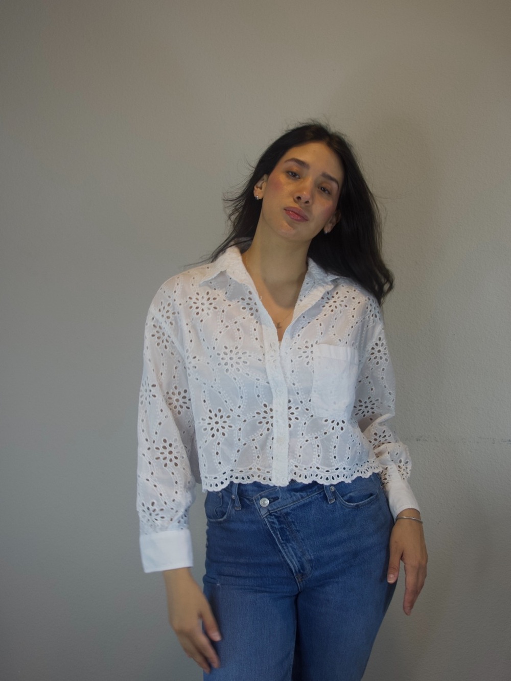 Zara White Eyelet Embroidered Button Down Crop Shirt Size S